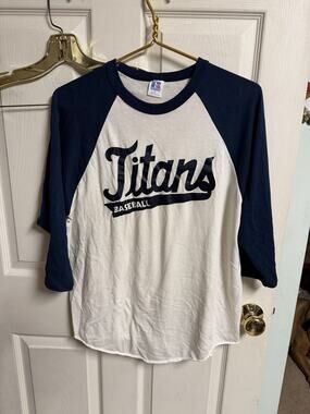 Vintage Titans Raglan Shirt Mens Large 42 White Blue 3/4 Sleeve Baseball Tee USA